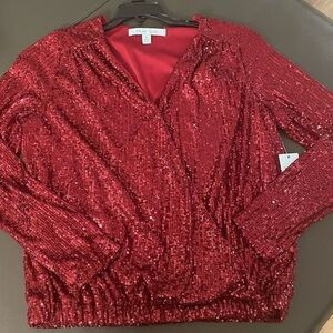 Red sequins wrap, long sleeves top. Ready for the holidays